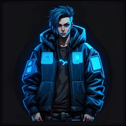 thick jacket, black background, blue, cyberpunk style, video game icon