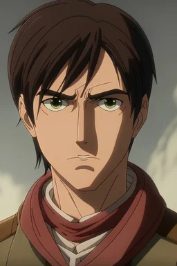 Attack on Titan in A 16-year-old boy with thick black hair and a few white strands, brown eyes, a few pimples on his face, and a round face.