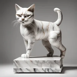 A marble display stand and upon it is a fierce cat made of marble and somehow alive, in constructivism art style