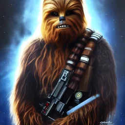 photorealistic and intricate portrait of chewbacca in star wars by Gabriele Dell’otto, wearing beskar armor, deep dark colors, hyperdetailed, 32K, oil on canvas,