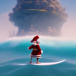 Santa standing of surfboard surfing a big wave, surfboard, beach, character design by cory loftis, fenghua zhong, ryohei hase, ismail inceoglu and ruan jia. unreal engine 5, artistic lighting, highly detailed, photorealistic, fantasy