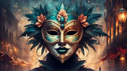 Generate an illustration of a festive carnival venetian antique mask over a low poly vibrant female, ultra detailed 32k , the joyful atmosphere over a misty Venice landmark, steampunk , dark oil antique painting, dark mood, nigh time