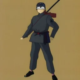 blond ninja man with katana in black suit