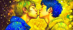 portrait anime man kissing man, ,yellow, stars hearts water, blue, watercolor, Yoshikata Amano, Edwin Landseer, Ismail Inceoglu, Russ Mills, Victo Ngai, Bella Kotak, hyperdetailed 8K resolution HDR DSLR, ultra detailed, ultra quality, CGSociety, intricately detailed, color depth, gliter, kiss