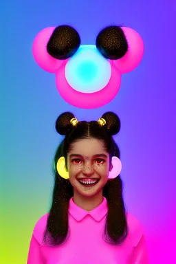 Rosalía artist, Ultra Realistic image, waist up portrait, perfect gold teeth, black eye line, sweet smile face, pigtails hair, spray line make up, geometric, gold, big rings piercing, led ornament, bubble latex coat, inflatable, cold, led lights, geometric, neon, pink, blue, gold, vibrant color, highly detailed, art stations, concept art, smooth, unreal engine 5, god rays, ray tracing, RTX, lumen lighting, ultra detail, volumetric lighting, 3d, finely drawn, high definition, high resolution.