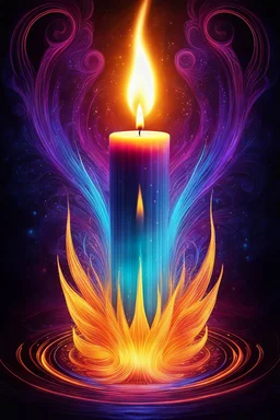 Digital Image. Ethereal fantasy concept art of a mystical candle with flowing drops of wax turning into an unusual ornamental pattern. With unreal mystical fire. Candle fire neon lines and patterns. A nimbus of fine threads of glowing light. Magnificent, picturesque, mysterious, magical, fantasy composition. Hyper-detailed and complex, elegant. Vivid colours, ornate, dynamic, fantasy design, exciting visuals, realistic materials, otherworldly atmosphere, captivating narrative. Stylistics fantasy