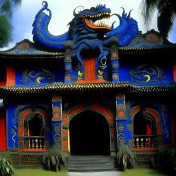 A dark blue palace with a fiery volcanic dragon designed in Kuna molas painted by Henri Rousseau