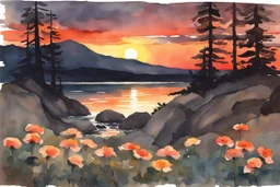 Amazing beautiful sunset, flowers, rocks, mountains, trees, epic, winslow homer watercolor paintings