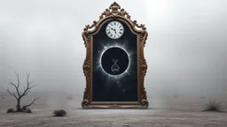 A monumental baroque mirror standing in empty gray desert landscape Cold gray reality outside the mirror, subtle fog. antique clock above the frame showing exactly 12:00. Inside the mirror lies the Realm of Midnight: a colossal black eclipse above an endless cosmic abyss, melting stars, brocken hourglass inside the mystic mirror, and big abyss of universum, the mirror one gate into the physical dimension. Dark surreal vibe,