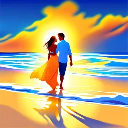 Amidst the beach's embrace, a youthful couple walks, love radiating effortlessly. Sunset's golden touch paints them, shadows intertwining. Her flowing dress mirrors the boundless sky, his gaze, pure devotion. Laughter mingles with waves, creating a symphony. A universe of affection resides in stolen glances, entwined fingers, smiles. Time pauses, their love the focal point. The world fades, leaving their profound connection aglow.