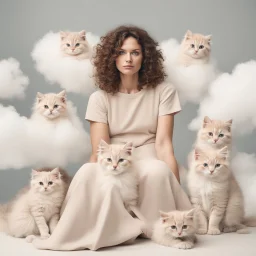 Portrait of woman with curly hair sitting in room full of clouds and fluffy kittens