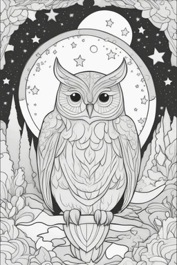 Stress Relief themed coloring page for adult, cartoon style, thick outline, No details, No shading, No colors, no background, black outline only, A cute starlit night featuring mystical constellations and dreamy owl companions