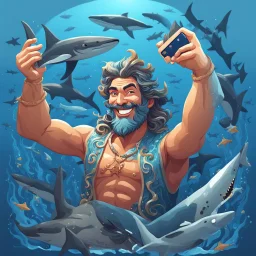 the sea god Poseidon, taking selfie with sharks, smiling, 3d vetor flat style 2d art, detailed,