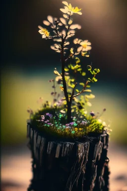 black westphalia stump with a bokeh frame of wild flowers and green leaves (((scale model photography))) westphalia in double exposure ((((low iso, double exposure, )) in sunshine