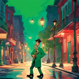 Saxophone player standing in the middle of the street, near street lamps, cartoon features style, New Orleans landscape, Lee Taifu, Disney animation, Red and Emerald, Jeff Danziger, Rough 2D animation --R 1:2 --Stylish 750 --v 6