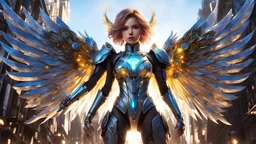 (best quality, masterpiece, colorful, dynamic angle, from below, highest detailed)upper body photo, full body photo, fashion photography of cute mechangel, glowing 4 wings, solo, glowing armor, glowing halo, building, glowing mechanical 4 wings (intricate details, hyperdetailed:1.15), detailed, light passing through hair, (official art, extreme detailed, highest detailed), HDR+