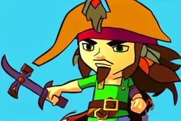 Cartoony and muscular Captain Jack Sparrow, Legend Of Zelda: Wind Waker style, stylized, colorful, adventurous.