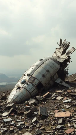 post-apocalyptic, half of ufo spaceship , it buried and shattered metal around it