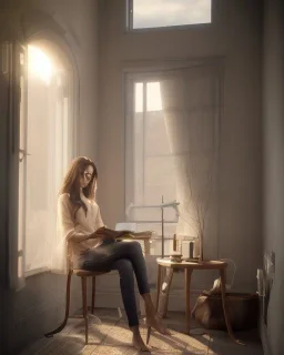 Beautiful, thin young woman, Arab home clothes, wavy hair, sitting on an office chair, reading a novel, next to a window, outside the window is sunset , 8k, finely detailed, photo realistic.