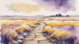 fantasy watercolor painting of a vast flat open prairie with waving grass stalks of yellow, brown, purple, and blue with a cobblestone road running through it