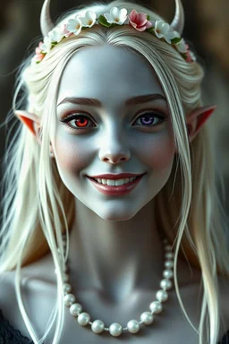 Generate a photo realistic image of a beautiful female eladrin vampire with blonde hair. She has one red eye, one purple eye, stark grey white skin, and is showing fangs smiling. She's wearing a simple pearl necklace and a small white and pink flower crown.
