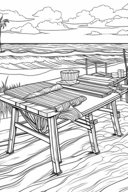 Outline art for coloring page, BEACH TOWELS ON A PICNIC TABLE ON A HAWAII BEACH, coloring page, white background, Sketch style, only use outline, clean line art, white background, no shadows, no shading, no color, clear