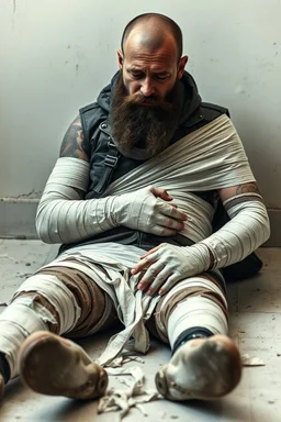 a very sad hurt swedish motorcycle gang man with beard, he is covered all the body with bandage and are in deep pain, bandage all over him, cripple, lying on the floor