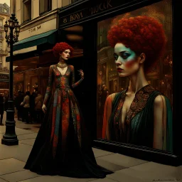 full body painting, woman looking in a shop window on the Champs Elysees and seeing a reflection of herself with colorful makeup, artstartion trending, artstation trending, painting by android jones, mucha klimt and tom bagshaw, karol bak style, great digital illustration, female art, trend on artsatio, patchwork doll, juxtapoz aesthetics, beautiful fantasy portrait, Tom Bagshaw Donato Giancola