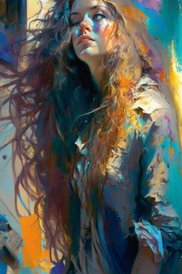 A bohemian artist with long, wavy, ombre hair and expressive, hazel eyes, wearing a paint-splattered smock and surrounded by her colorful, abstract artwork in a sunlit studio, in the style of Aleksi Briclot, Charlie Bowater, Dean Cornwell, and Pino Daeni