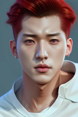 gen 1men,Eric\(The boyz\),stage on the background,kpop show,short red hair,Korean idol,Korean singer,on the stage,styled hair,pulled back hair,highly detailed, digital painting, HDRI, masterpiece, smooth, professional photo,detailed face.