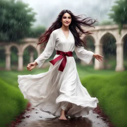 Hyper Realistic Photographic-View of Extremely-Beautiful Young Happy Pashto Girl With Long-Black-Hair-Beautiful-Eyes-&-white-frock-with-maroon-ribbon-tied Enjoying-Happily-&-Whirling in heavy rainfall with cloudy weather in-a-garden-with-grass-arches showing dramatic & cinematic ambiance.