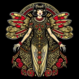 Full Body, Art Nouveau Woman With A Bob With A Fringe Hairstyle, Cleopatra Clothing, Steampunk Metal moth with red wings, Black Background