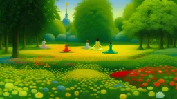 An oil painting by Moebius and Seurat of people practicing yoga surrounded by blooming flowers and lush vegetation.