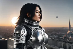 A slim Woman With Black shoulder length hair, Wearing a silver and black space suit, with no helmet, standing sot the right, sideways on a ledge of a building, with a moon Behind Her Head, towering spires and buildings highlighted by the setting sun