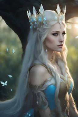 Elven princess,blonde gold hair,rapunzel hair,very long hair,elven crown, light blue, white, ice, glitter,sparkle,ice flowers,elven ears,fairy princess, ice fairy,golden armor,ice crystals,dark fairy princess