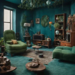 Detailed cozy living-room made of modeling clay, odd furnitures, naïve, strong texture, TV studio 1950's shot, extreme detail, Max Ernst, green and blue moody colors, sparkles, Yves Tanguy, odd