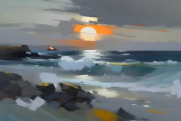 seascape with sunset by Chris bushe with thick oil and palette knife