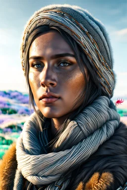 create a young, otherworldly lost Siberian nomadic female wanderer with highly detailed, sharply lined and deeply weathered facial features in a desolate tundra steppe landscape , in natural winter tundra colors, hyper realistic, 8k,