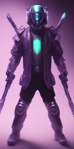 purple galaxy masked super villain, weapons in hands, teal and purple smoke, full portrait, hyper realistic, 4k