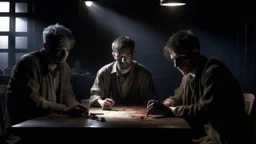 4 men zombies in adark room and spot light on table