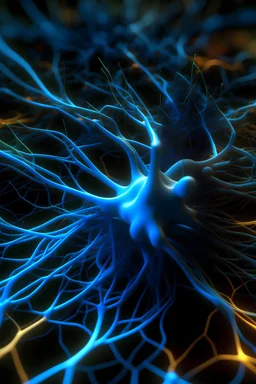 3D scene of brain neural network Detailed neurons with glowing cell bodies and dendrites Synapses sparking with electric blue neurotransmission Thick bundles of myelinated axons (nerve tracts) as luminous highways of white matter Nodes of Ranvier with bright rhythmic pulses Hippocampus with perforant pathway from entorhinal cortex to dentate gyrus, CA fields, and subiculum Descending pyramidal tracts from cerebral cortex to brainstem and spinal cord Ascending sens
