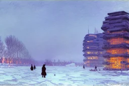 cyberpunk buildings near the frozen lake, winter, tendency to science fiction, realistic vision, konstantin korovin and claude monet painting