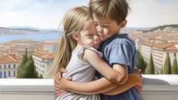 Neoclassicism child hugging other child realistic cote d'azur