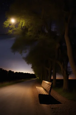 Night, square bench, dirt roads, trees, photography