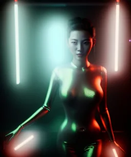 Ultra realistic photographic night portrait, cinematic, happy <Asian woman> in garage <droid friend>, hot, retro futuristic dress <Helmut newton photo style>, neon lights, color fog, soft color, highly detailed, unreal engine 5, ray tracing, RTX, lumen lighting, ultra detail, volumetric lighting, high definition.