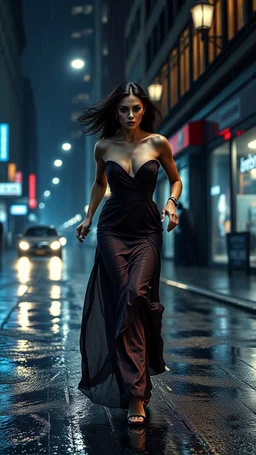Female supermodel in elegant designer evening gown, running on wet, slippery city street at rainy night, with intense emotional expression, reminiscent of noir film stills, in the style of hyper-realistic digital artists like Simon Stalenhag, Ash Thorp, and Loish, with precise lighting and textures.