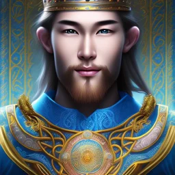 magnifique bel homme asiatique souriant ,yeux bleus,avec vetement et couronne celtique,cheveux clairs