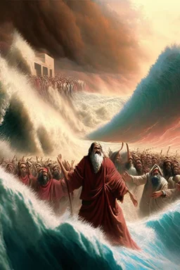 Moses parting the red sea while the Isrealites cross on dry land