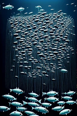 a school of ASCII fish swimming by; artwork of a school of fish made with English computer keyboard characters