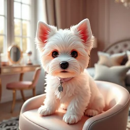Generate image: A macro 3D render of a cute, lovely wooly white black dog,made of Translucent glossy jelly material, soft gelatinous appearance, smooth rounded surface, realistic subsurface scattering, internal light diffusion, subtle volumetric translucency, wet polished highlights, slightly reflective surface, soft rubbery-plastic texture, vibrant neon color, physically based shader, studio lighting, high-end CGI render.on a chair in a luxury bedroom next to makeup desk next to a open window
